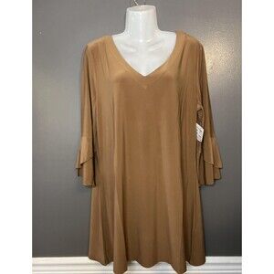 Tango Mango Dress Womens Large Brown 3/4 Bell Sleeve V Neck Tunic Solid